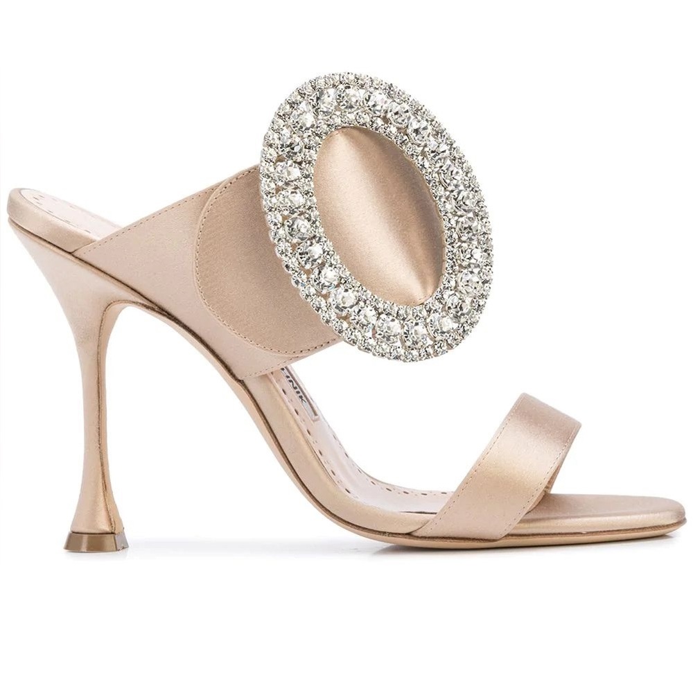 Manolo Blahnik Fibiona Nude Satin Mule Sandals with Crystal Buckle
